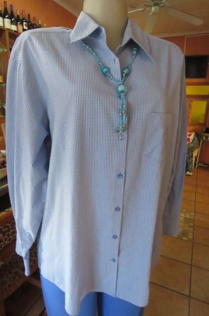 Chic long sleeve 'Woolworths' shirt with tiny blue + white check pattern. Size 42/18