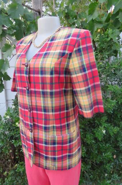 Smart but funky tartan check collarless short sleeve jacket by 'Tej' in size 36/12.