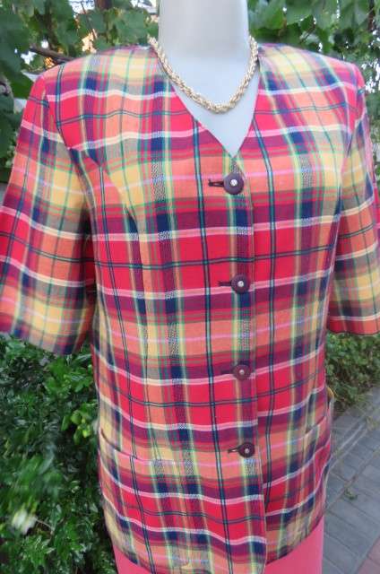 Smart but funky tartan check collarless short sleeve jacket by 'Tej' in size 36/12.