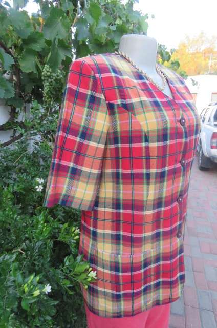 Smart but funky tartan check collarless short sleeve jacket by 'Tej' in size 36/12.