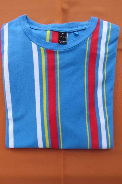 Fashion striped round neck short sleeve T-shirt in skyblue, white, red and yellow size Medium.