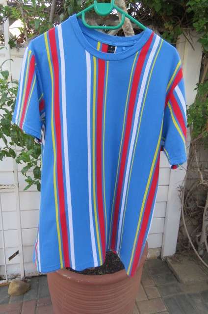 Fashion striped round neck short sleeve T-shirt in skyblue, white, red and yellow size Medium.