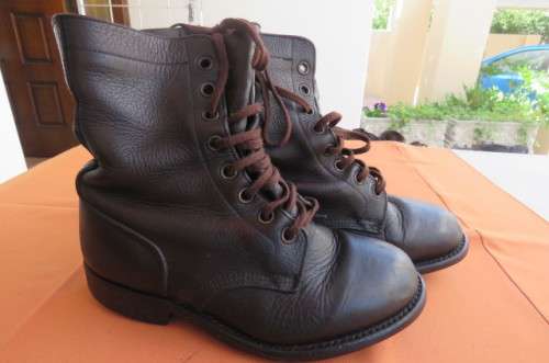 Pair of SADF brown genuine leather army boots in size 5.5. Issued in 2005 by DWS. Army size 240 W.