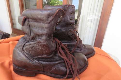 Pair of SADF brown genuine leather army boots in size 5 with soft uppers. Issued in 2011 by D.W.S.