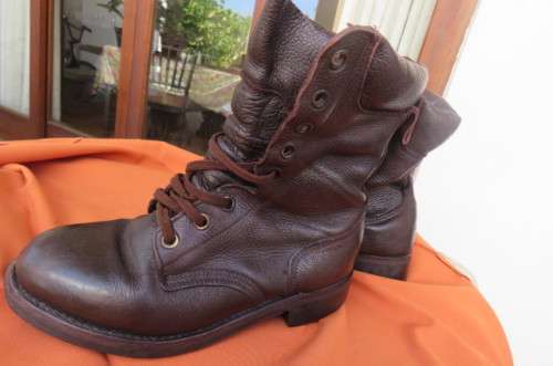 Pair of SADF brown genuine leather army boots in size 5 with soft uppers. Issued in 2011 by D.W.S.