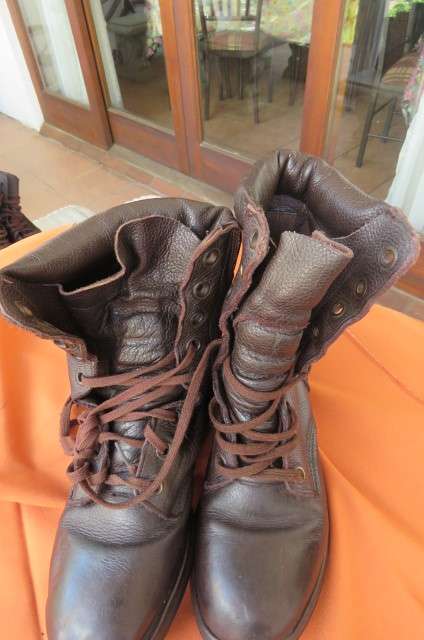 Pair of SADF brown genuine leather army boots in size 5 with soft uppers. Issued in 2011 by D.W.S.