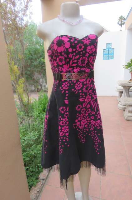 Sexy black strapless dress with magenta pink floral pattern. Size 34/10 by 'Insync Formal'.