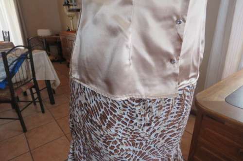 Dark cream shiny button down top with tie collar. Stretch polyester size 32/8. Puffed short sleeves.