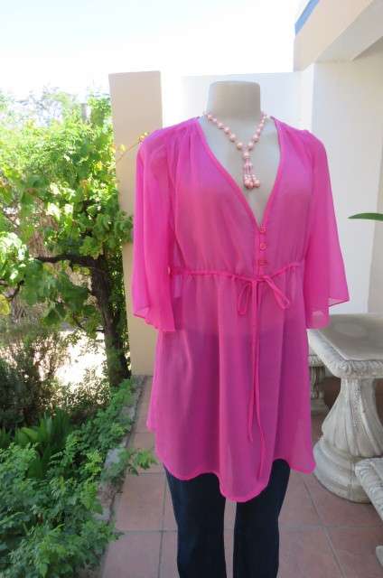 Beautiful long sheer polyester hot pink top  with bell sleeves. Size 40/16 by FU. Tiestring in waist