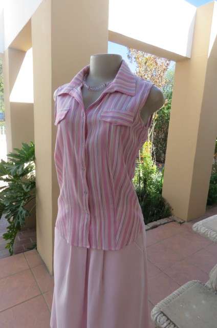 Cute pink and cream vertical striped sleeveless top in size 32/8 by INSYNC. Two dummy pockets.