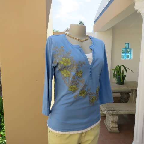 Embroidered skyblue casual top with bracelet length sleeves by WOOLWORTHS in size 36/12
