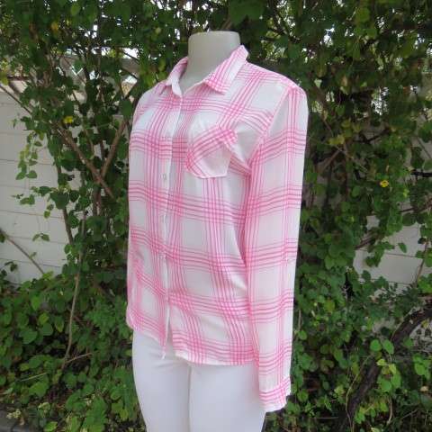 Soft and silky white and pink check long sleeve blouse in 100% polyester chiffon. Size 30 As new