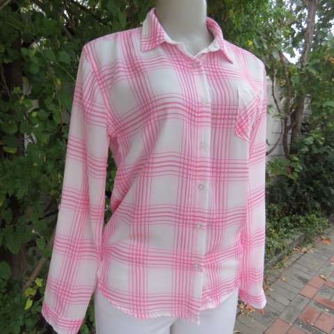 Soft and silky white and pink check long sleeve blouse in 100% polyester chiffon. Size 30 As new
