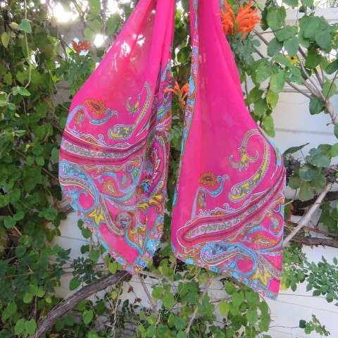 Lovely magenta pink long sheer polyester scarf with large colourful paisley print. New.