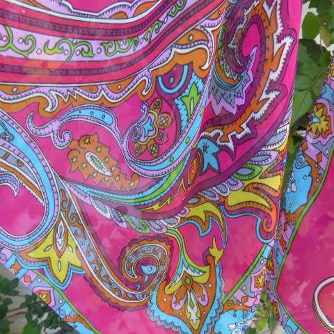 Lovely magenta pink long sheer polyester scarf with large colourful paisley print. New.