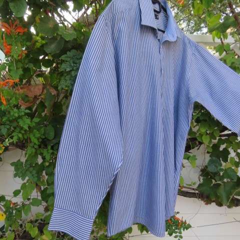 Smart men`s blue and white striped polycotton long sleeve shirt by WOOLWORTHS chest 125cm. Neck 46