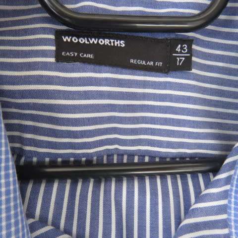 Smart men`s blue and white striped polycotton long sleeve shirt by WOOLWORTHS chest 125cm. Neck 46