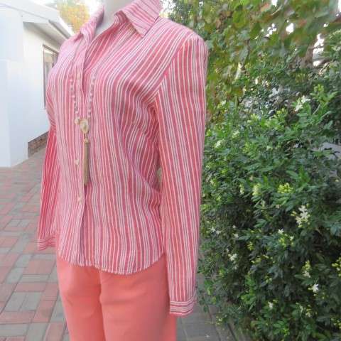 Superior linen/coton blend long sleeve top by NEXT size 32/8 small 34 in crimson,pink,white stripes.