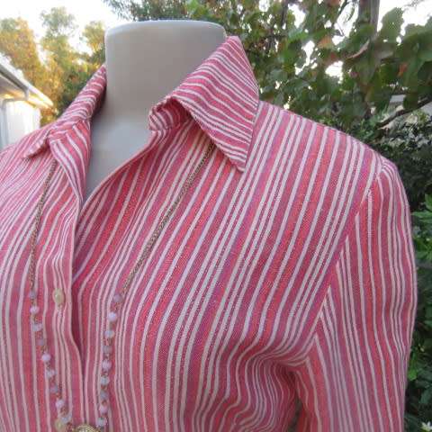 Superior linen/coton blend long sleeve top by NEXT size 32/8 small 34 in crimson,pink,white stripes.