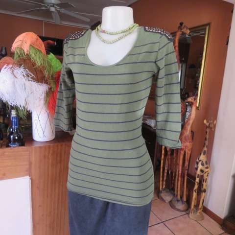 Hunters Green Cotton Stretch Top with Black Stripes, Studded Shoulders, Size 34