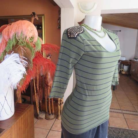 Hunters Green Cotton Stretch Top with Black Stripes, Studded Shoulders, Size 34