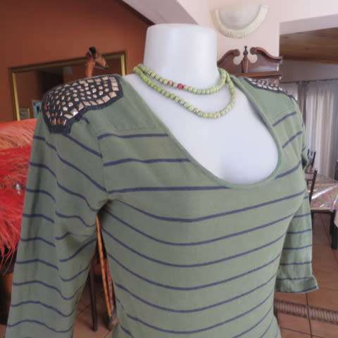 Hunters Green Cotton Stretch Top with Black Stripes, Studded Shoulders, Size 34