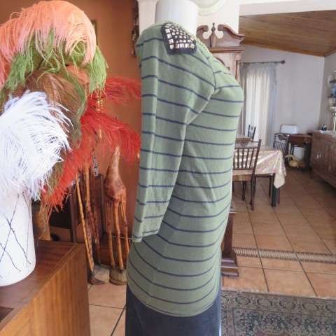 Hunters Green Cotton Stretch Top with Black Stripes, Studded Shoulders, Size 34
