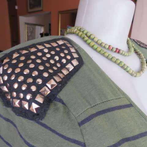Hunters Green Cotton Stretch Top with Black Stripes, Studded Shoulders, Size 34