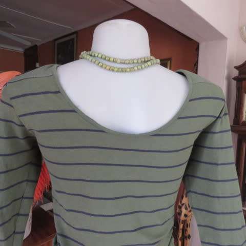 Hunters Green Cotton Stretch Top with Black Stripes, Studded Shoulders, Size 34