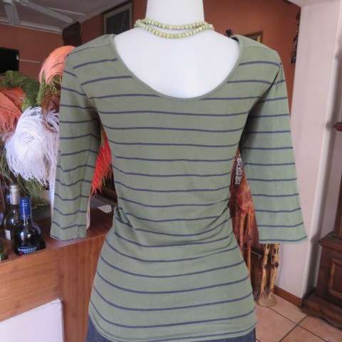 Hunters Green Cotton Stretch Top with Black Stripes, Studded Shoulders, Size 34