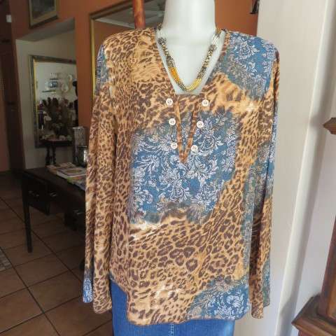 Fabulous slip over long sleeve top in brown animal print and blue lace print. Size 40/16 CASUAL CLUB