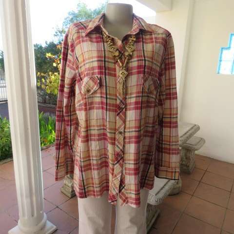 Ladies shirt in red,cream and black check.Size 42/18 by MILADY'S. In bubble cotton. As new.