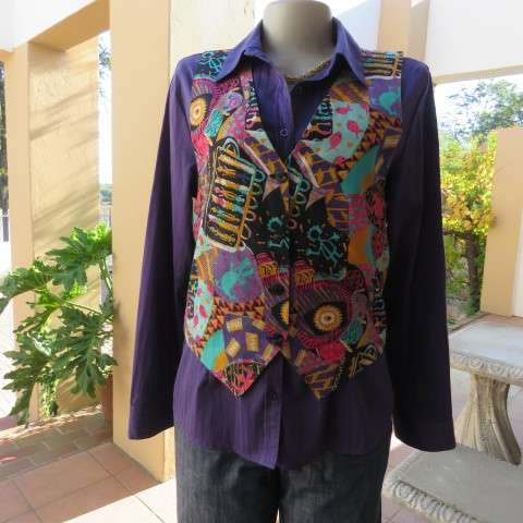 Funky waistcoat in medley of colours and patterns and black back. Size 34/10. New condition.