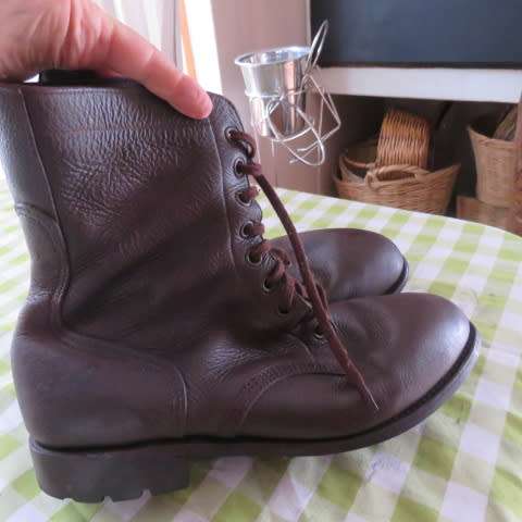 Pair of SADF genuine leather brown army boots in size 10.5. Issued 2010. By DWS. Army size 285.
