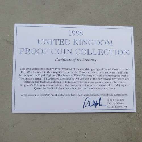 United Kingdom proof coin collection of 11 coins from 1998 in box with full details.