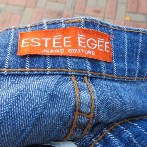 Boyfriend style vertical striped blue denim jeans. Boot legged. Size 40/16 by 'Estee Egee'.