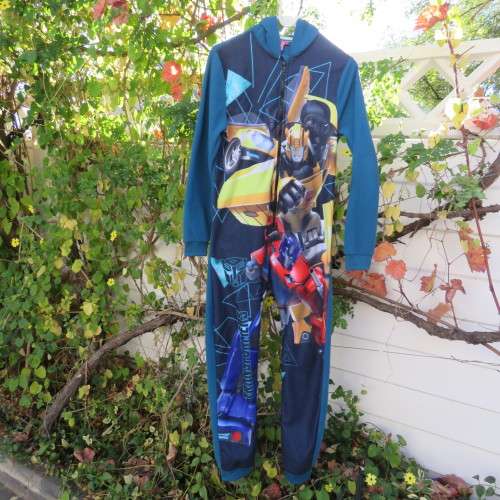 Onesie in blue with Transformers print on front. Zip on front. Hooded. For 12 to 13 year old boy.