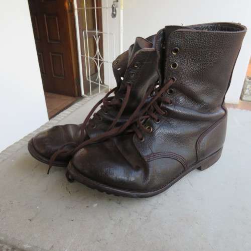 Pair of SADF size 9 brown genuine leather army boots by MGS issued 2005. Army size 277W