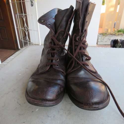 Pair of SADF size 9 brown genuine leather army boots by MGS issued 2005. Army size 277W