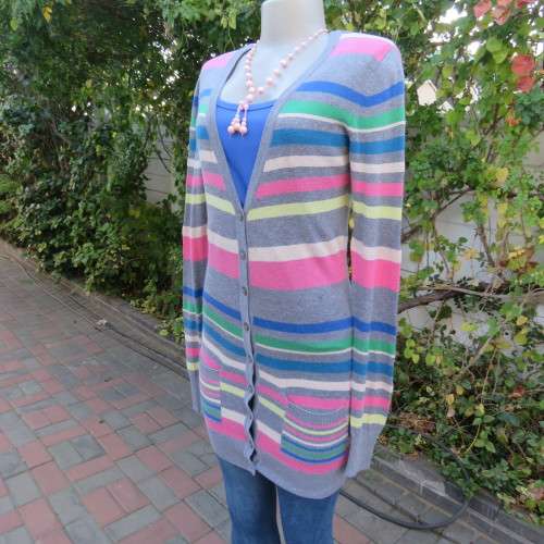 Extra long horizontal colour striped button down cardigan with low V. Size 32 to 34 by ATMOSPHERE.