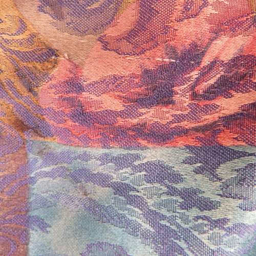 Baroque printed brocade short sleeve top in gold, jade and crimson size 36/12. V neckline.
