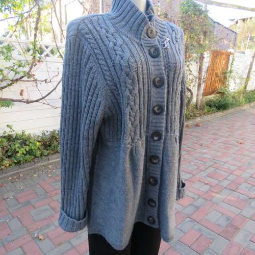 Bulky grey knitted button down cardigan with high collar size XL.Best fit size 42/18. Good condition