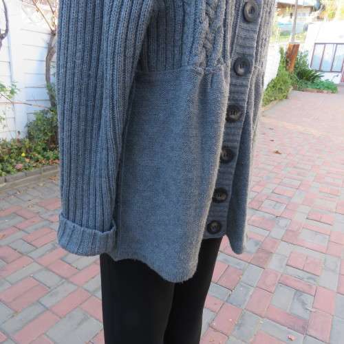 Bulky grey knitted button down cardigan with high collar size XL.Best fit size 42/18. Good condition