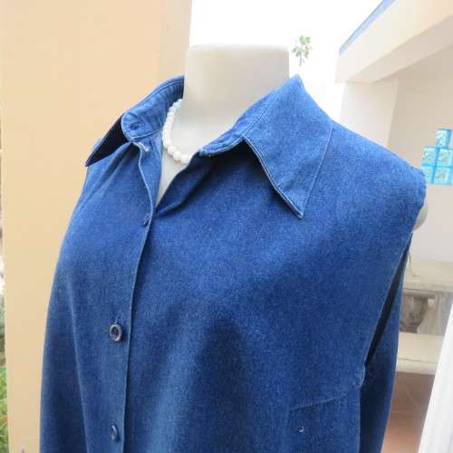 Sassy blue denim button down top with shirt collar and dainty white seam embroidery. Size 46 to 48