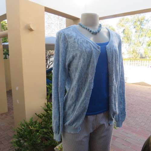 Stunning lace knit pattern button down cardigan in light blue. Size 36/12 by IB DIFFUSION.