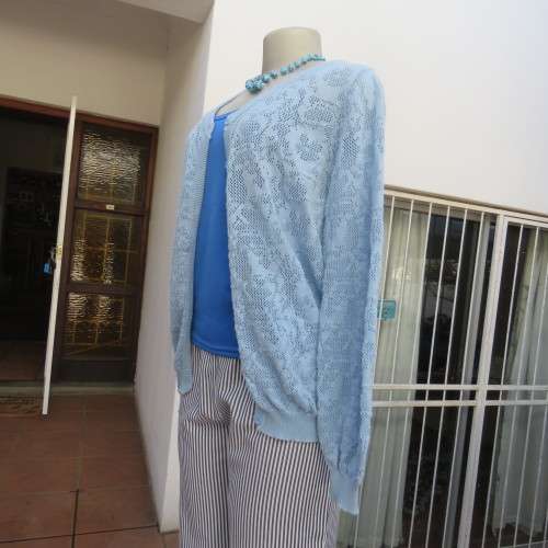 Stunning lace knit pattern button down cardigan in light blue. Size 36/12 by IB DIFFUSION.