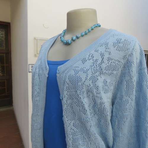 Stunning lace knit pattern button down cardigan in light blue. Size 36/12 by IB DIFFUSION.