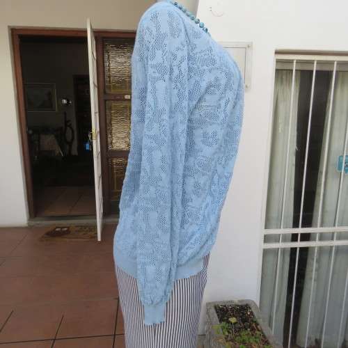 Stunning lace knit pattern button down cardigan in light blue. Size 36/12 by IB DIFFUSION.