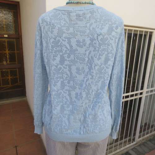 Stunning lace knit pattern button down cardigan in light blue. Size 36/12 by IB DIFFUSION.