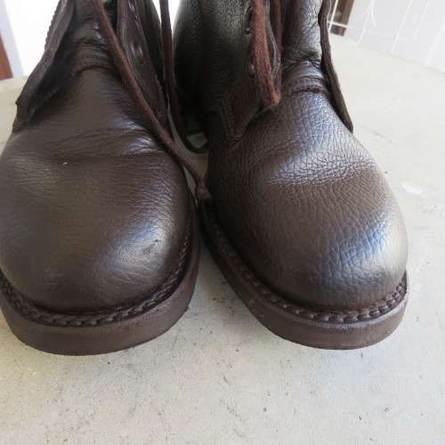 Pair of SADF brown genuine leather army boots in size 5.5. Issued 2009 by DWS. Amry size 240 M.
